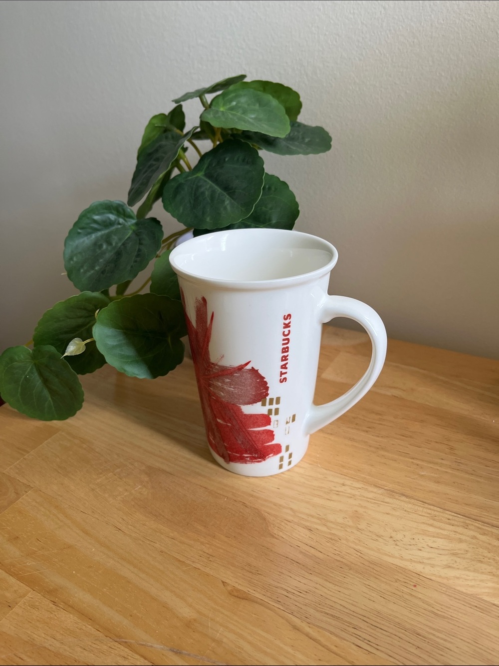Starbucks Christmas 2014 Mug with Red Floral Brushstroke Design, 12oz